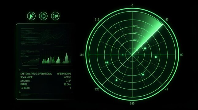 Green radar screen interface displaying scanning beam, circular grid, and system status data on a dark background, for military surveillance