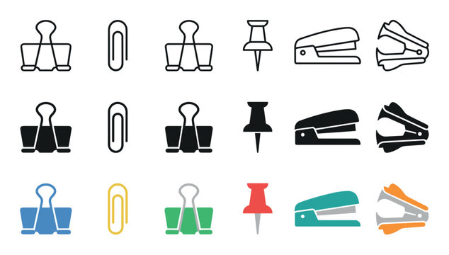 Binder clips, paper clips, pushpins, staplers, staple removers are essential stationery tools presented as a modern and versatile icon set with various styles and colors.
