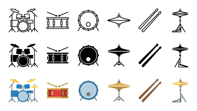 Various drum set and percussion instrument icons showcasing different styles including outline, solid, and colorful flat designs for musical themes.
