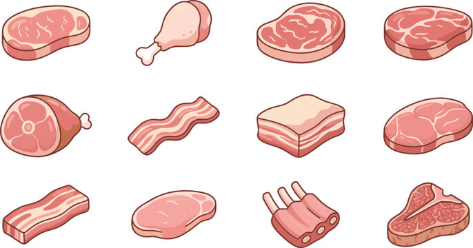 Fresh Raw Meat Cuts and Butcher Product Vector Illustration Set Isolated on White Background