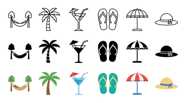 Summer beach icons collection featuring various vacation elements like hammocks, palm trees, cocktails, flip-flops, umbrellas, and sun hats in different styles.
