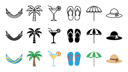 Obraz premium Summer vacation beach icons collection featuring hammocks, palm trees, cocktails, flip-flops, umbrellas, and sun hats in various styles.