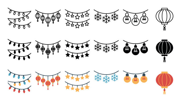 Decorative garlands and festive lighting elements icon set featuring various celebration designs including string lights, lanterns, stars, and snowflakes.