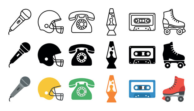 Retro vintage items collection featuring microphones, helmets, rotary phones, lava lamps, cassette tapes, and roller skates in outline, solid, and colored styles.