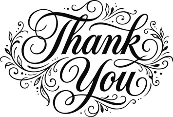 Elegant Thank You lettering with flourishes black vector illustration on white background © RAKIB