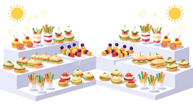 Delicious Buffet Spread of Appetizers and Mini Burgers Under Sunny Skies.