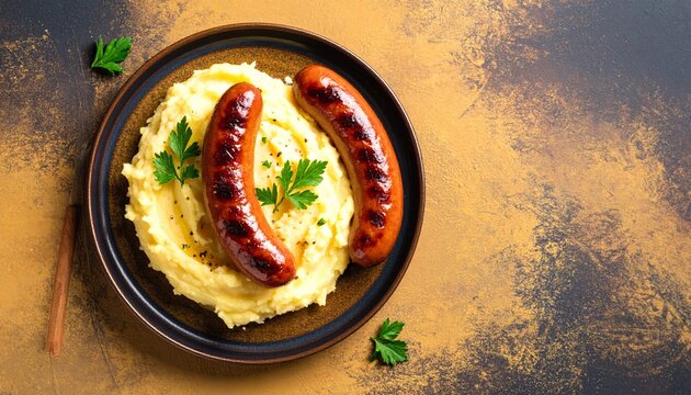 Bangers and Mash on a Rustic Plate with Golden Background, a Culinary Still Life