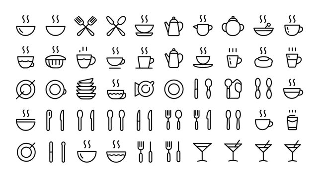 Collection of steaming hot beverage and dining icons in a simple line art style