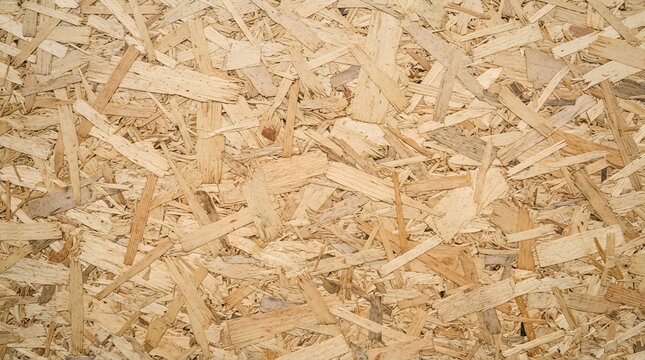 Rough textured surface of oriented strand board with light brown wood chips and compressed timber particles for construction background