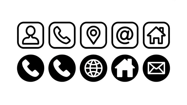 Contact icons set with person phone location mail and home symbols in outline and filled styles