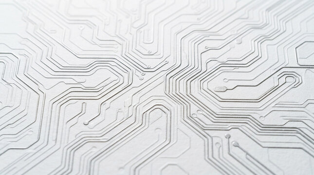 Intricate silver circuit board lines creating a modern abstract pattern on a clean white surface background