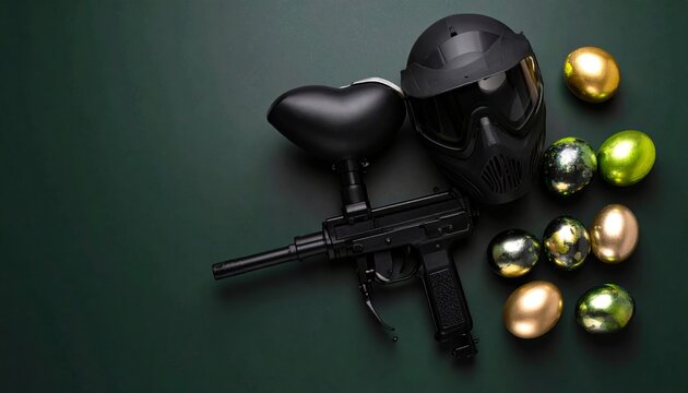Paintball gear and decorated eggs, a unique and surreal composition concept
