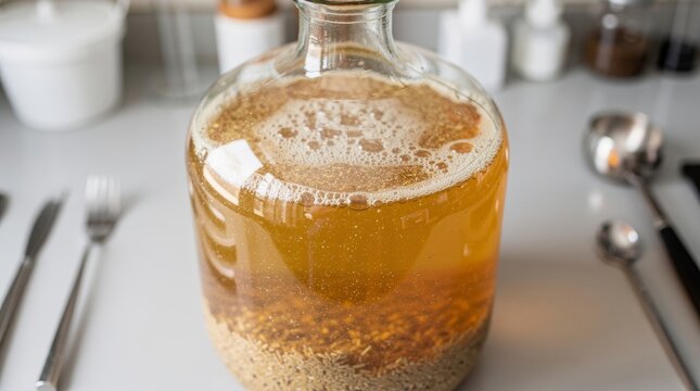 Glass bottle with amber fermenting liquid and foam