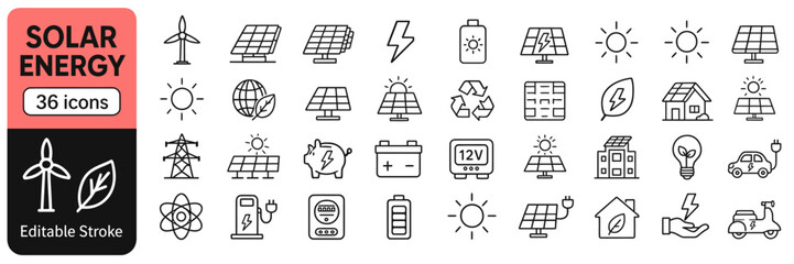 Solar energy icons set with wind turbine, sun, battery, recycling, house, car charging, piggy bank, leaf, atom, plug, meter and hand holding electricity in editable stroke style. © Thamseer