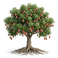Fototapeta premium Valencia Pride mango tree, mature full tree bearing long colorful mangoes with red blush, exposed visible roots, 11 ratio, isolated on seamless pure white background