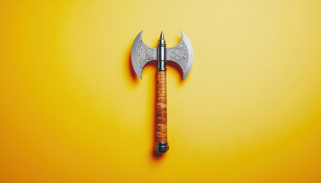 Intricate battle axe against a vibrant mustard backdrop symbolizing strength