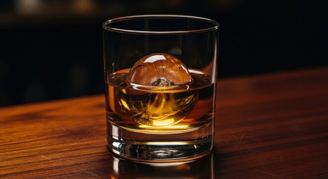 A single glass of amber colored whiskey served with a large spherical ice ball on set. containing and more. solid collection