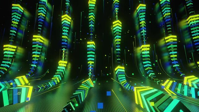  Hypnotic seamless loop of a futuristic geometric array. Abstract digital system made of rotating square prisms, crystalline lattices and textured metal grids, creating deep abstract background.