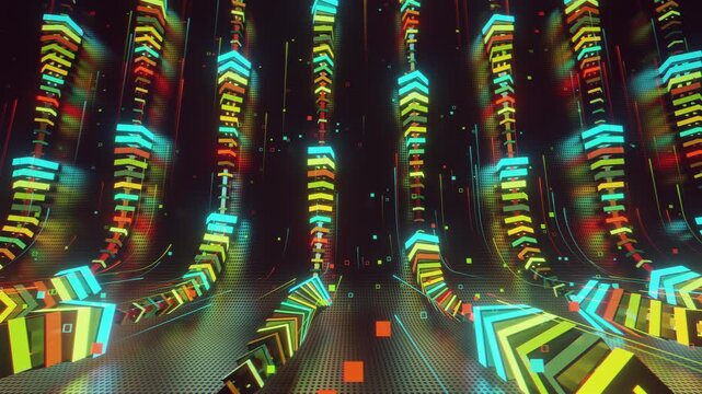  Hypnotic seamless loop of a futuristic geometric array. Abstract digital system made of rotating square prisms, crystalline lattices and textured metal grids, creating deep abstract background.