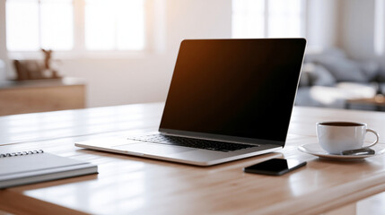 Fototapeta premium Modern workspace with a laptop, coffee cup, and notebook on a wooden table in a bright room