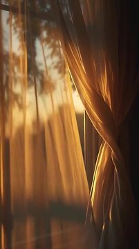Golden morning sunlight flows gently through soft sheer white curtains hanging in window breeze creating peaceful atmosphere with warm glowing rays casting shadows across home interior.