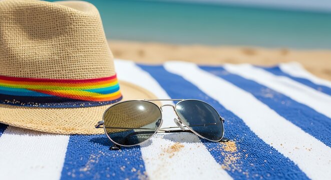 Summer straw hat with rainbow ribbon and aviator sunglasses resting on a blue and white striped towel at the beach