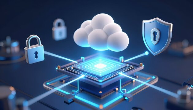 3d rendering of cloud computing security concept featuring lock icons and circuit board background