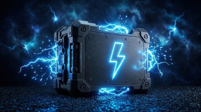 Alternative energy technology concept featuring a high voltage charging energy storage icon and a digital lithium ion rechargeable battery symbol