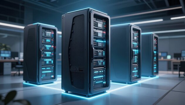 Contemporary data center featuring cutting edge server racks bathed in blue led illumination