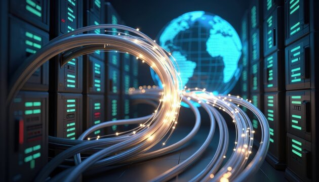 Futuristic data center with glowing cables and digital globe representing global connectivity and technology