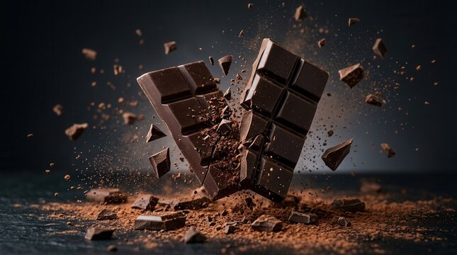 Close-up of a falling chocolate bar landing on a gradient surface.