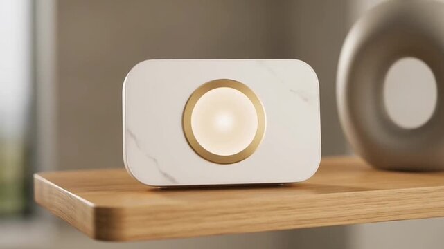 Modern Smart Home Device with Glowing Circular Interface on Wooden Shelf.