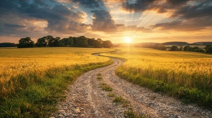 Obraz premium Golden wheat and rye fields with a winding road during sunset.
