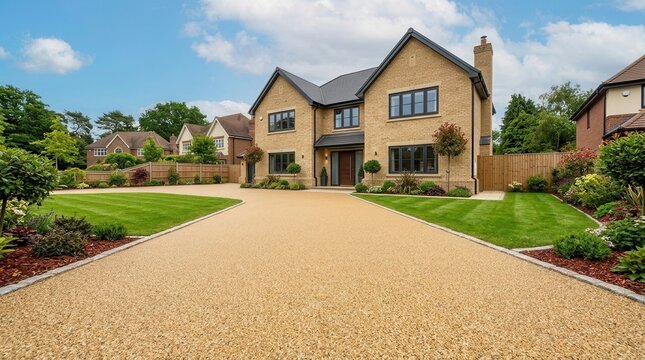 Detached house exterior featuring a newly completed resin driveway installation