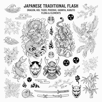 Traditional Japanese tattoo flash collection with oni mask, samurai warrior, dragon, tiger, phoenix, and oriental design elements
