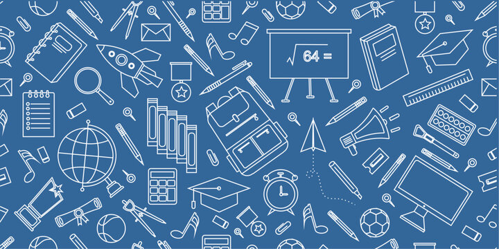 School supplies seamless pattern background. School attributes seamless pattern. Student accessories repeat background. Back to school banner. Education themed doodle pattern background.