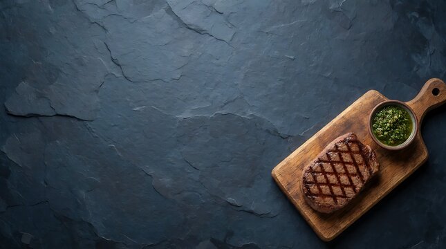 Grilled Beef Steak with Chimichurri on Wooden Board