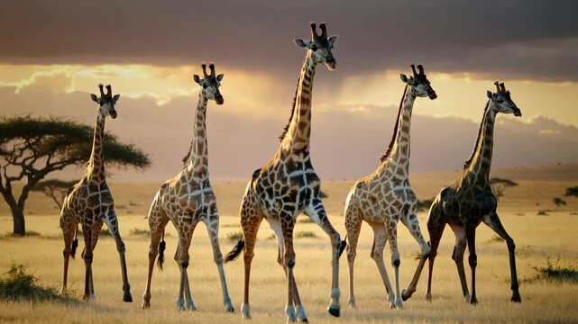 Five giraffes with distinct patterns walk majestically across an open African savanna at golden hour, with an acacia tree in the distant background.