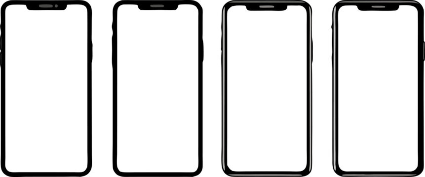Create a series of smartphone mockups showing different notch styles and screen shapes. Include phones with a variety of notch placements (such as the classic top-center notch, a small punch hole, and