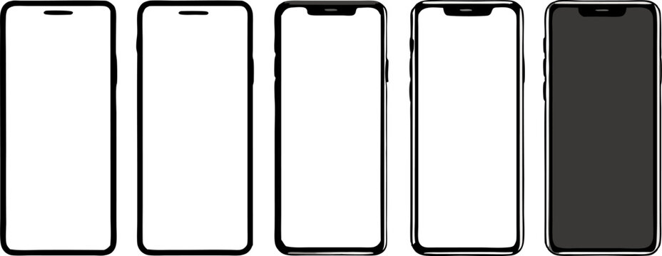Create a series of smartphone mockups showing different notch styles and screen shapes. Include phones with a variety of notch placements (such as the classic top-center notch, a small punch hole, and