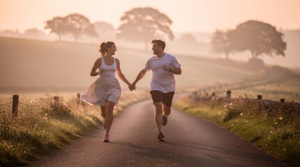 Fototapeta premium Joyful Couple Running Together on a Country Road at Sunrise