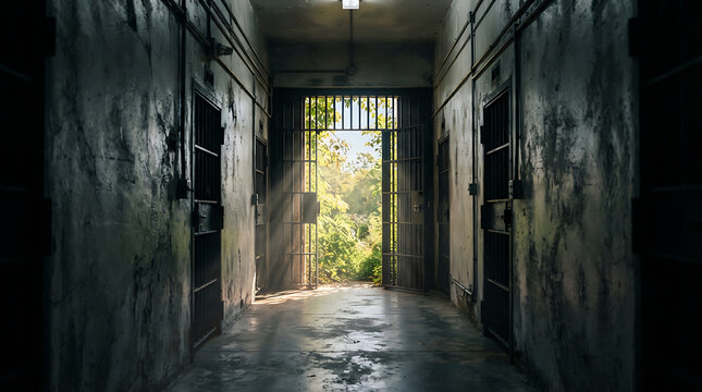 Sunlight streaming through open iron gate into dark dilapidated concrete prison corridor hallway interior with sunlit open gate with narrow gloomy concrete