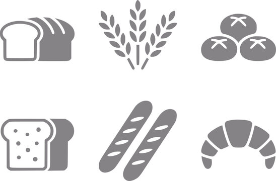 Una colecci&oacute;n de iconos grises de panader&iacute;a con varios tipos de pan, espigas de trigo y pasteles sobre fondo blanco
