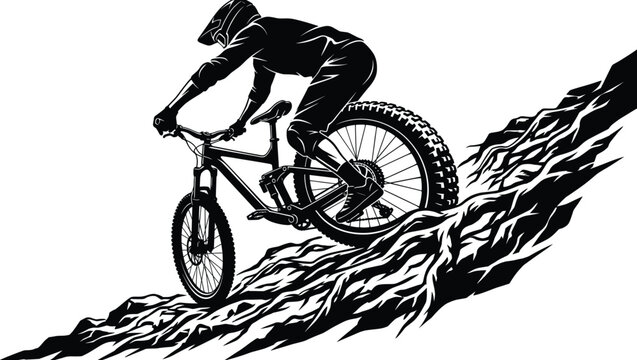Mountain Biker Riding Down Rough Rocky Terrain Black Graphic Illustration Isolated On White Background