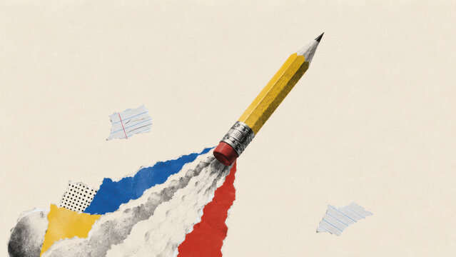 Creative back to school collage with pencil rocket launching, education metaphor for learning, ambition and success