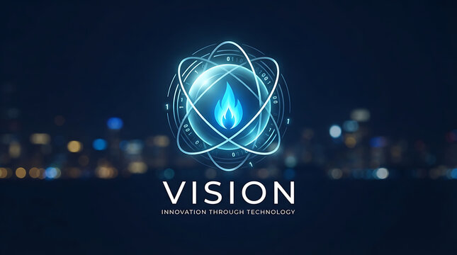 Glowing digital atom symbol featuring central blue flame against blurred night cityscape background concept with flame surrounded binary bokeh city background