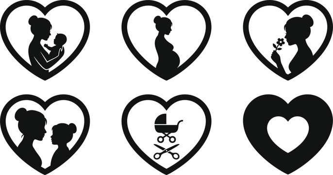 Mothers day and pregnancy line icon set inside heart frames featuring pregnant woman baby silhouette stroller and flower.eps