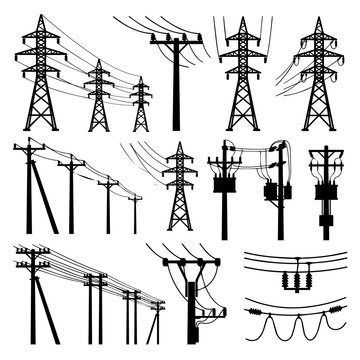 Set of electrical power grid infrastructure and utility line silhouettes