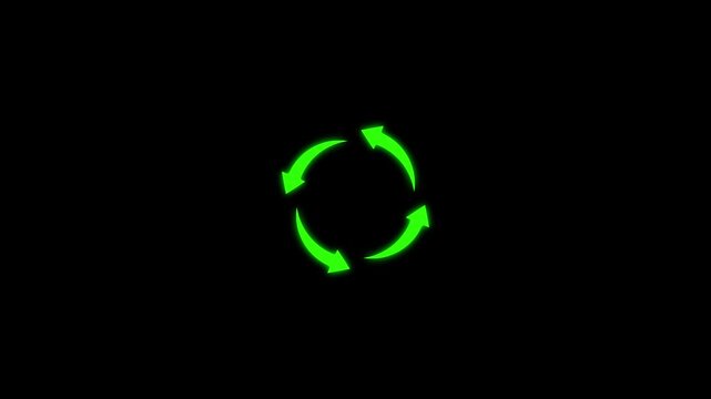 Seamless loop animation of bright circular arrow rotation cycle on black background, circular rotation animation of updated arrow pointer graphic element.