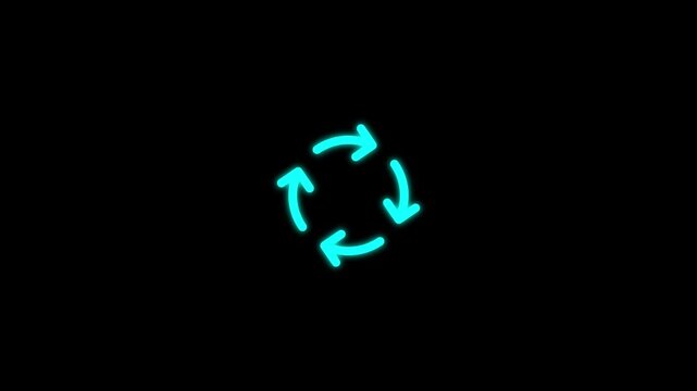 Seamless loop animation of bright circular arrow rotation cycle on black background, circular rotation animation of updated arrow pointer graphic element.